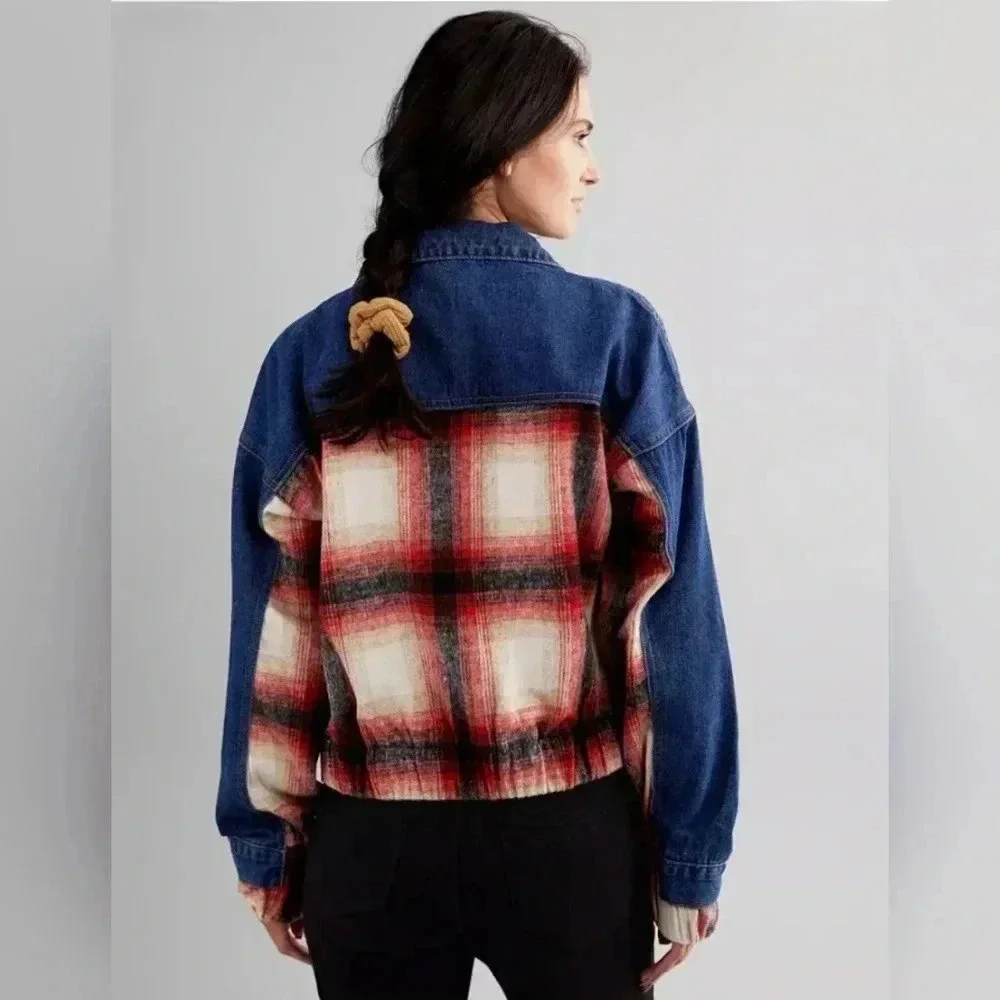 BKE Buckle Brushed Wool Blend Plaid Denim Jacket Sz S